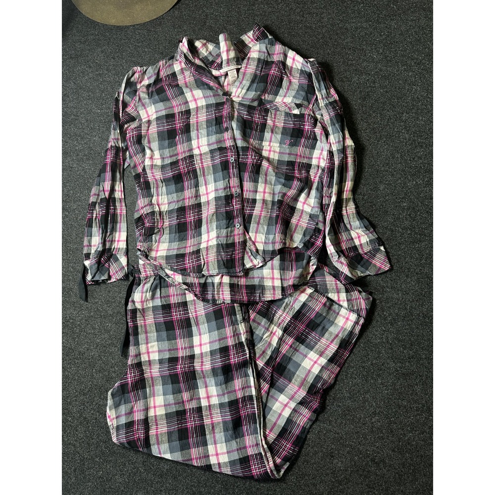 Victorias Secret Plaid Pajama Set Pink Gray White Shimmer Cotton Modal Large
